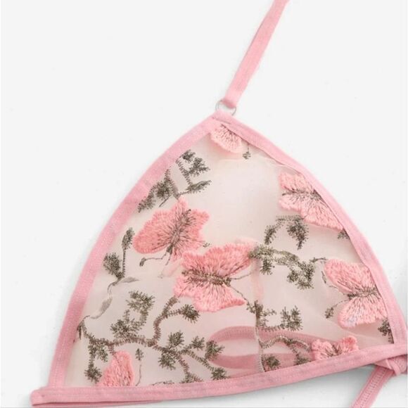 Lingerie Set Butterfly Embroidery Mesh Pink, XL Large‎ - Picture 2 of 7